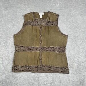 SMH Womens XL Olive Green Suede Leather Crochet Lace Boho Western Button Vest